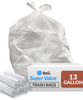 Super Tough Clear 13 Gallon Trash Bags 250 Count Bulk Stash, featuring a clear bag tied at the top with rolls in front.
