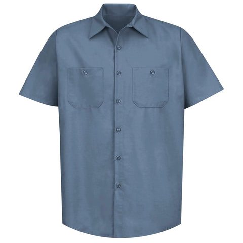 Mens Short Sleeve Work Shirt Regular Fit Polyester Cotton Blend Button Front Utility Top All Day Comfort Heavy Duty Job Site Ready Built Tough For The Daily Grind 4XL Large Postman Blue in solid blue with two front pockets.