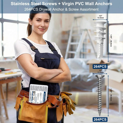 120 Piece Self Drilling Drywall Anchors With Rust Resistant Stainless Steel Screws Heavy Duty Wall Anchor Kit For Hollow Walls Sheetrock Zero Mess Quick Install Rock Solid Grab DIY Home Refresh Organizer Crate Included, displayed in tool belt.