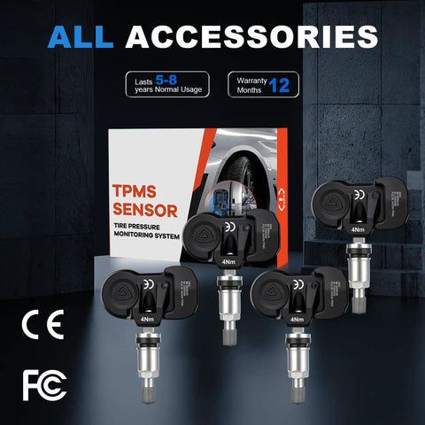 Ford TPMS Sensors 315MHz 433MHz Pre Programmed Tire Pressure Monitoring Replacement For F150 F250 F350 F450 F550 Escape Fusion Maverick Ranger Focus Transit 4 Pack Drop In Ready black sensor set and box