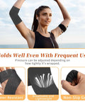 Woman using 24 Pack Self Adhesive Bandage Wrap 2 Inch Wide 5 Yard Long Cohesive Tape in black for arm support, with product features.