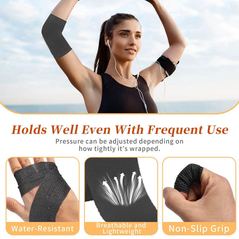Woman using 24 Pack Self Adhesive Bandage Wrap 2 Inch Wide 5 Yard Long Cohesive Tape in black for arm support, with product features.
