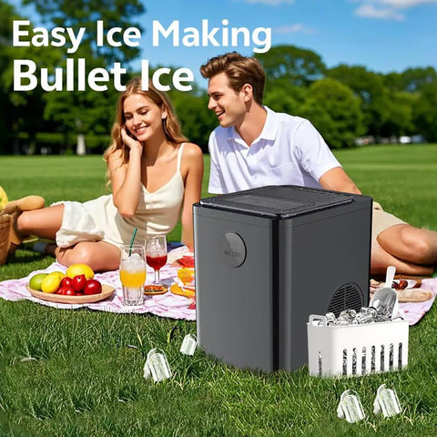 Quick Bullet Ice Maker For Countertop No Fuss Cleanup Makes Fresh Cubes In Six Minutes, ideal for outdoor picnics with drinks.