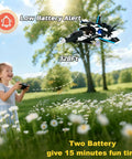 Girl flying F47 RC Fighter Drone For Kids, Super Easy To Fly Remote Control Jet With Altitude Hold And LED Lights in a field