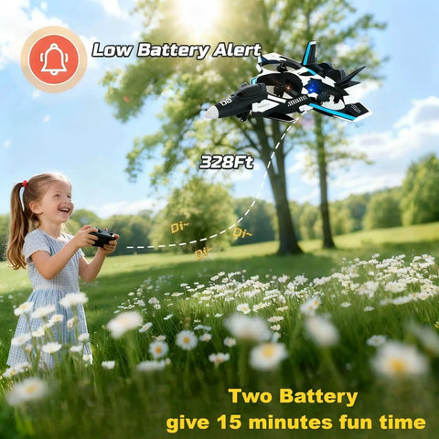 Girl flying F47 RC Fighter Drone For Kids, Super Easy To Fly Remote Control Jet With Altitude Hold And LED Lights in a field