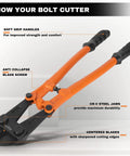 Diagram of 24-Inch Heavy-Duty Bolt Cutter For Cutting Fence, Steel Wire, Chain, Screws, Rivets, And Padlocks with soft grip handles.