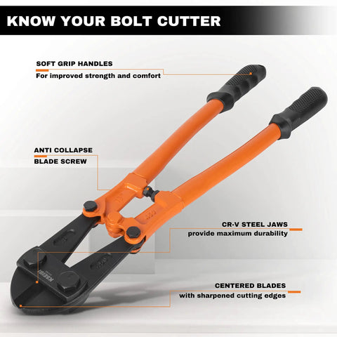 Diagram of 24-Inch Heavy-Duty Bolt Cutter For Cutting Fence, Steel Wire, Chain, Screws, Rivets, And Padlocks with soft grip handles.