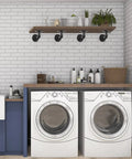 Laundry room with wall-mounted 6 Pack Industrial Pipe Shelving Brackets For Wall Mounts Vintage Black Iron Rustic Finish Built Tough Heavy Duty DIY Shelves.