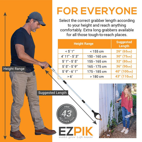 Front view of EZPIK Pro 43-inch foldable grabber reacher tool; silver shaft with black grip for seniors.