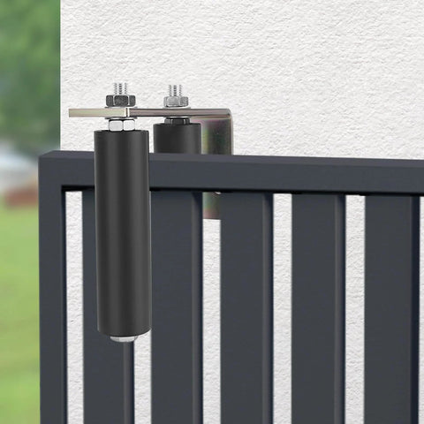 Heavy Duty Sliding Gate Roller Kit With 6 Inch Nylon Rollers Adjustable L Bracket Gate Guide And Support Hardware installed on gate