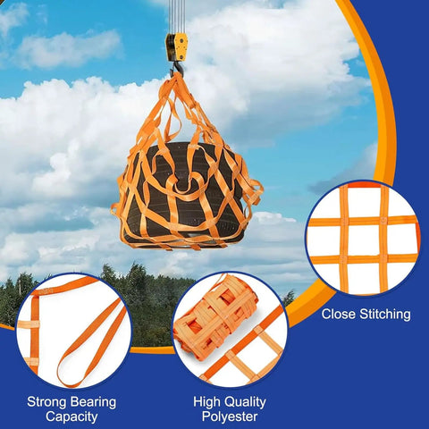 Heavy Duty Cargo Net For Trucks And Pallets Flat Nylon Webbing Sling Hoist Net shown securing a load with strong polyester straps.
