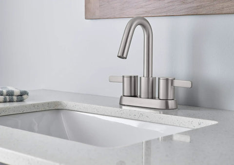 Centerset Lavatory Faucet in Brushed Nickel for Three Hole Sinks Four Inch Centerset Brass With Ceramic Disc Cartridge installed on sink