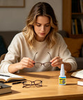 Woman repairing eyeglasses with Heavy Duty Eyeglasses Repair Glue For Busted Frames, surrounded by books and pens.