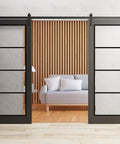 Sturdy Double Barn Doors With Clear Glass And Matte Black Hardware That Look Boss, Two 30x96 Interior Panels For A 60x96 Opening