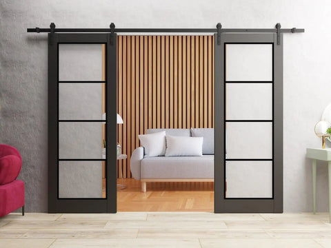 Sturdy Double Barn Doors With Clear Glass And Matte Black Hardware That Look Boss, Two 30x96 Interior Panels For A 60x96 Opening