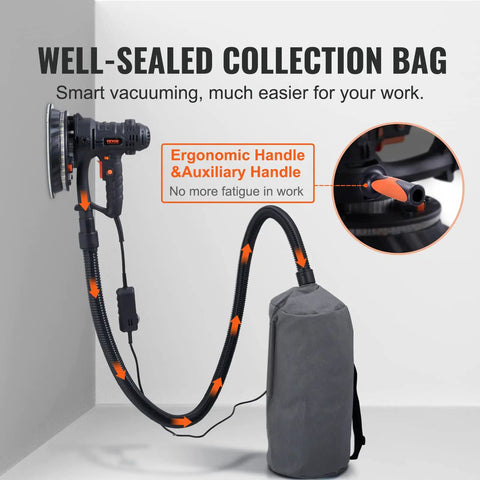 Heavy Duty Electric Drywall Sander With Variable Speed Motor And Hassle Free Vacuum Dust Cleanup For Cleaner Job Sites Plus Dual Bright Led Lamps And Full Sanding Pad Kit For Smooth Finish On Every Home Improvement Project showcasing ergonomic handle and well-sealed collection bag.