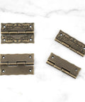 Antique Engraved Latch Hasp Hinges And Box Corner Protectors Hardware Kit showing decorative bronze rectangular hinges.