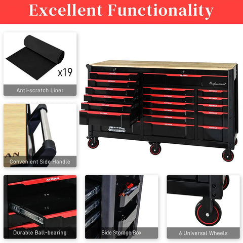 66 Inch Rolling Tool Chest With 19 Drawers Heavy Duty Mobile Tool Cart On Wheels Lockable Storage Cabinet For Garage Workshop Warehouse Lab Wood Top Work Bench Built For DIYers And Pros To Tackle Any Project And Store All Your Gear In a Cabinet, black steel