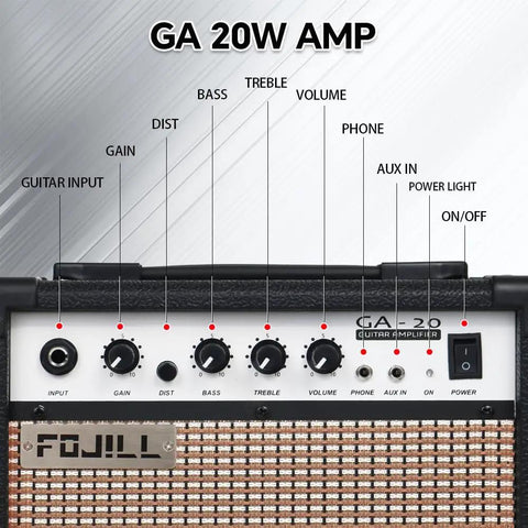 Front panel of Portable 20W Electric Guitar Amp With Built In 5 Inch Speaker Compact Travel Practice Amp, showing controls and inputs.