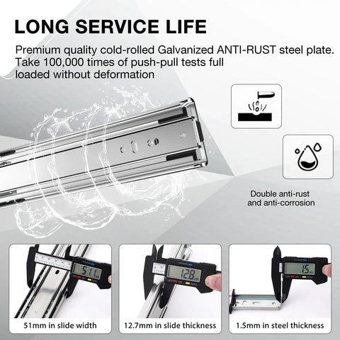 Heavy Duty Full Extension Drawer Slides Ball Bearing Side Mount Rails Built Tough For Heavy Loads And Smooth Pulls Rock Solid Setup for anti-rust steel plate with measurements.