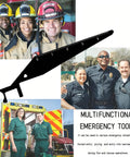 Four-Piece Emergency Crowbar Set for Fire and Rescue Pros, Portable Multi-Tool Kit for First Responders, Ideal for Warehouse and Home Rescue, Black, Durable 2CR13 Stainless Steel Construction for Real-World Emergencies. Black emergency pry tool with ruler markings over rescue crew images