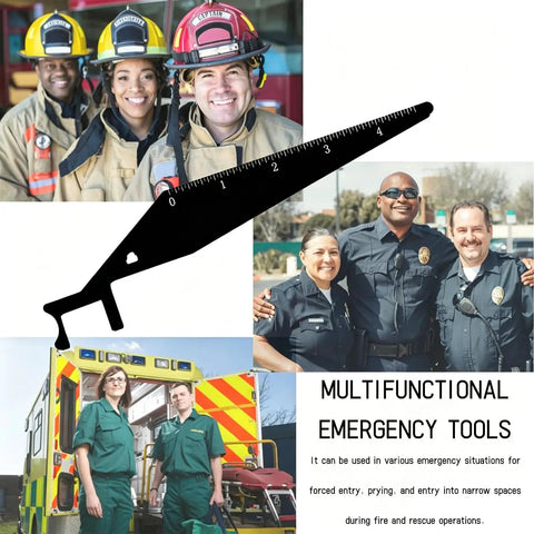 Four-Piece Emergency Crowbar Set for Fire and Rescue Pros, Portable Multi-Tool Kit for First Responders, Ideal for Warehouse and Home Rescue, Black, Durable 2CR13 Stainless Steel Construction for Real-World Emergencies. Black emergency pry tool with ruler markings over rescue crew images
