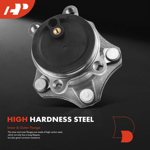 Two Pack Rear Wheel Bearing And Hub Assembly With 5 Lug Compatible With Mazda 3 2014 2015 2016 2017 2018 High Load Ball Bearing For Smooth Quiet Ride And Easy Replacement, showing high hardness steel construction and 5-lug design.