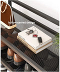 Heavy Duty 5 Tier Shoe Rack For Entryway And Closet displaying keys and books on ventilated mesh shelf with shoes below.