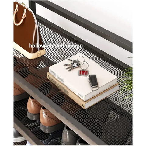 Heavy Duty 5 Tier Shoe Rack For Entryway And Closet displaying keys and books on ventilated mesh shelf with shoes below.