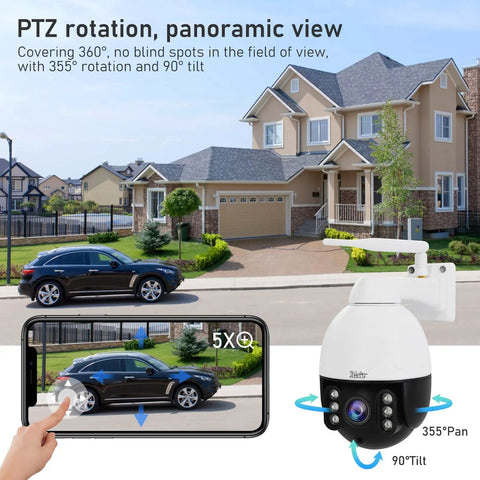 All Weather Outdoor PTZ Surveillance Camera 5MP With 5x Optical Zoom shown with smartphone app for panoramic view