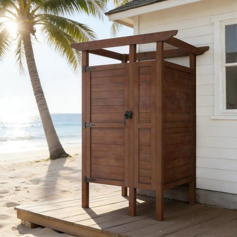 All Weather Solid Wood Outdoor Shower Enclosure with Storage Shelf and Lockable Door for poolside, beachside use, next to house