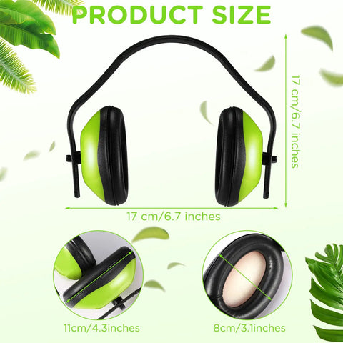 Six Piece Kids Noise Reduction Earmuffs And Hearing Protection Headphones Adjustable Padded Defender For School Trips And Playtime Green Color Safe Comfortable Fit For Young Listeners shown with dimensions