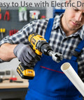 Man using electric drill with PVC pipe and threading tool from Get Ready To Tackle Plumbing Projects Like A Boss With This Complete 3 Piece Pvc Pipe Threading Tool Kit.