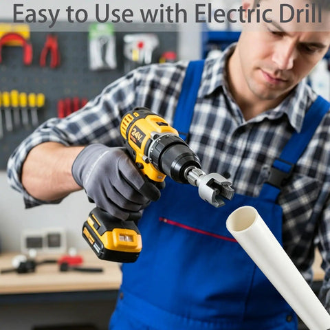 Man using electric drill with PVC pipe and threading tool from Get Ready To Tackle Plumbing Projects Like A Boss With This Complete 3 Piece Pvc Pipe Threading Tool Kit.