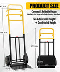Heavy Duty Folding Hand Truck Wheeled Dolly Cart With Rugged Alloy Steel Frame Eight Hundred Lb Capacity showing product sizes and adjustable heights.