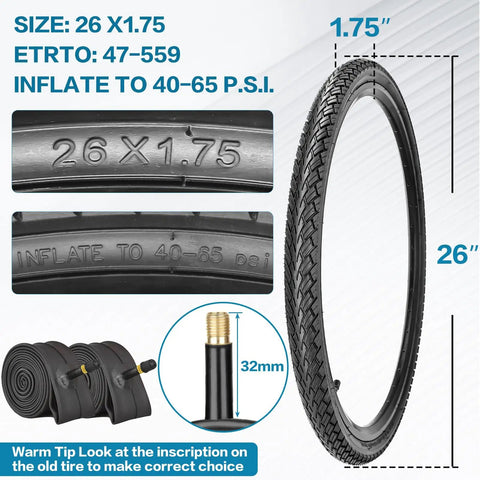 Foldable Bike Tire Set 16/20/24/26x1.75 Inch With 2 Tires, 2 Inner Tubes, Levers, Rim Strips And Repair Kit For MTB And Hybrid Commuter Rides With 32mm Schrader Valve, showing tire dimensions and inflating instructions.