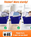 Three images of Eight Pack Heavy Duty Moving Bags with backpack straps, holding cans, water bottles, and a child, in blue.