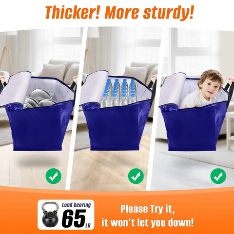 Three images of Eight Pack Heavy Duty Moving Bags with backpack straps, holding cans, water bottles, and a child, in blue.