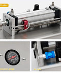 Close-up of the cylinder and air pressure gauge on the Top Pneumatic Liquid Filling Machine Straight Up Reliable Stainless Bottle Filler.