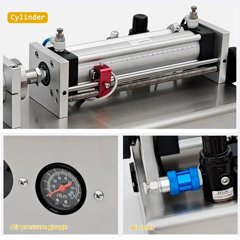 Close-up of the cylinder and air pressure gauge on the Top Pneumatic Liquid Filling Machine Straight Up Reliable Stainless Bottle Filler.