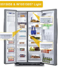 Two Pack Refrigerator LED Light Kit With W10515058 And W10515057 installed in Whirlpool fridge, open doors highlighting lights