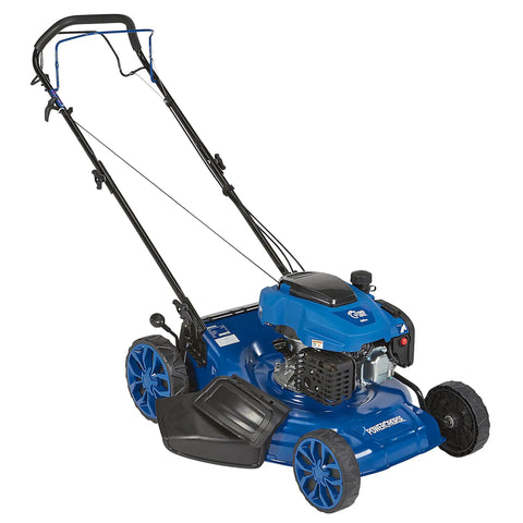 21 Inch 3 In 1 Self Propelled Gas Lawn Mower With 200cc OHV Engine Kickin Power Through Thick Grass Wet Yards And Uneven Terrain Mulch Bag Side Discharge For Easy Cleanup, blue steel deck