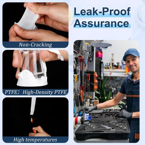 15 Rolls Of PTFE Teflon Plumbers Tape One Half Inch Wide By Three Hundred Ninety Four Inch Long White Thread Seal Tape For Leak Proof Water, Air And Gas Pipe Joints And Easy Plumbing Sealant showcasing non-cracking and high-temperature properties with a worker in a workshop.