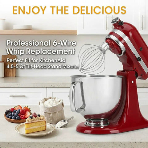 Six-Wire Whisk Attachment For Tilt-Head Mixers on red 4.5-Quart stand mixer next to ingredients on kitchen counter