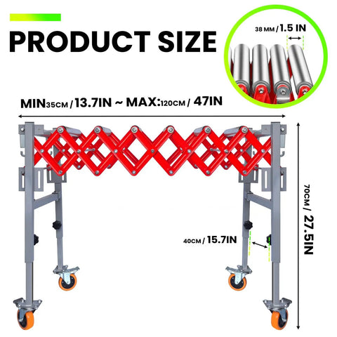 16 Inch Wide Conveyor Roller Stand With Wheels For Infeed And Outfeed Expandable Folding Conveyor Belt, size dimensions.