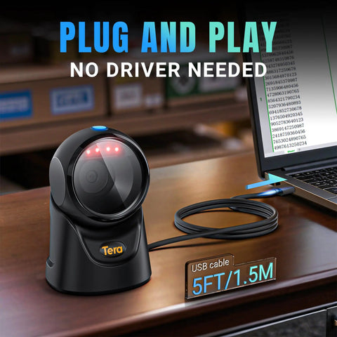 Hands Free Omnidirectional Barcode Scanner Desk Side 2D QR USB Wired Plug And Play Bar Code Reader For POS Retail Supermarket And Mobile Payments Go To Gear Model 9700 on a desk next to a laptop.