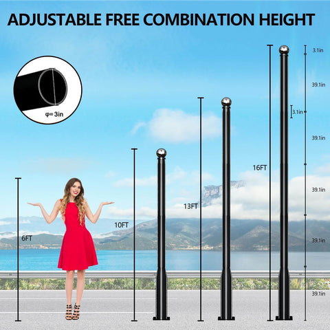 Comparison of 16 Foot Tall Solar Street Light Pole With Adjustable Modular Sections and metal poles at various heights.