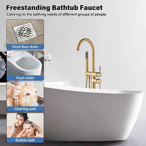 Freestanding Bathtub Faucet Set With Floor Mount Tub Filler in white tub, Brushed Nickel Finish, high flow shower faucets