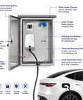 Kickass 304 Stainless Steel Outdoor EV Charger Box With Lockable Weatherproof Shield showing interior features like metal lock cylinder and cable management.