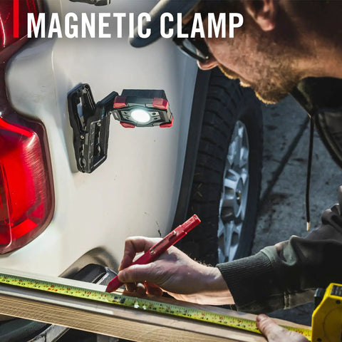 Man using 1000 Lumen Rechargeable Dual Power Rotating Led Magnetic Clamp Light With 360 Degree Ball Joint And Strong Clamp Base for work on car